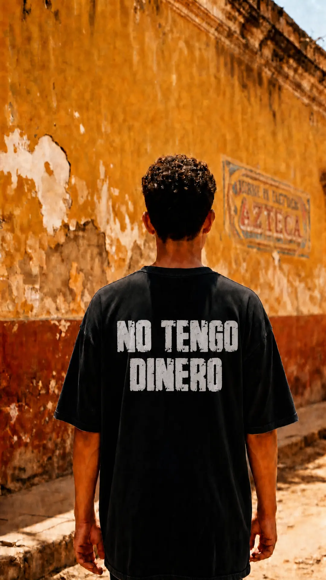 MALA RAZA model from behind wearing a printed tee against a weathered orange wall