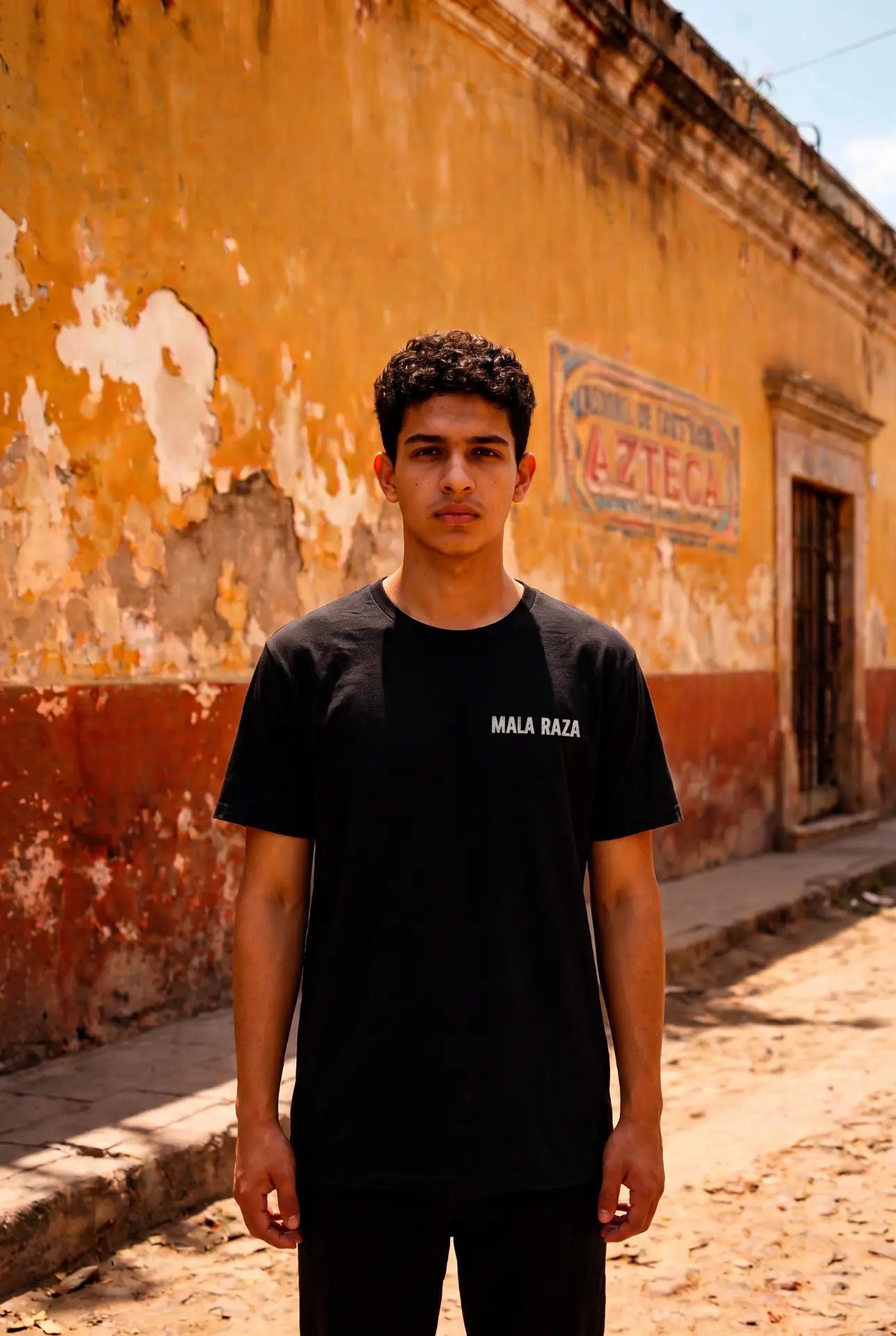 MALA RAZA model from the front wearing the black tee with small chest print, same wall