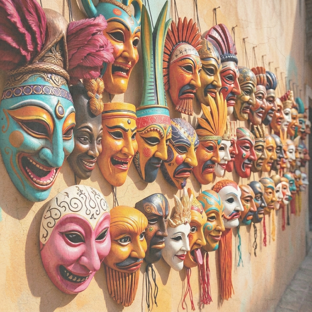 Painterly folk-art wall display of colorful traditional masks from cultures around the world, hung side by side in warm celebratory colors